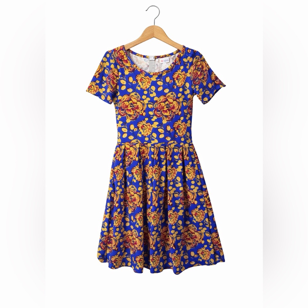 LuLaRoe Amelia Dress Small Blue Yellow Floral Fit Flare Stretch Midi Cute